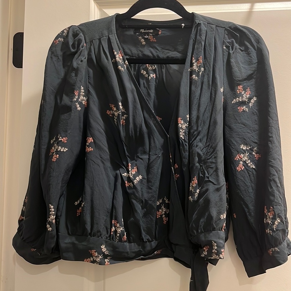 Green floral silk Madewell top